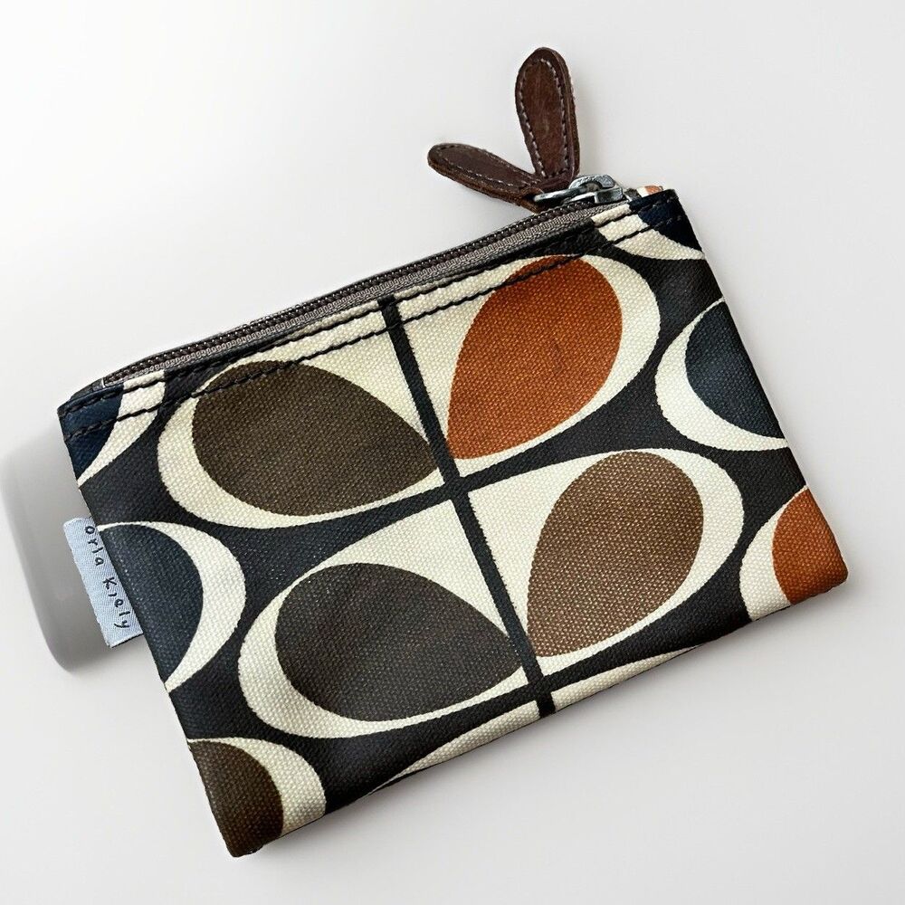 Orla Kiely Coated Canvas Med Snap Fold Wallet Double Zip Brown Tan Petal Print